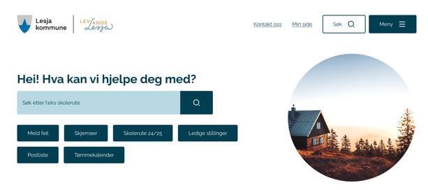 Toppen av de nye sidene med logo, menyknapper, søkefelt og et bilde - Klikk for stort bilde