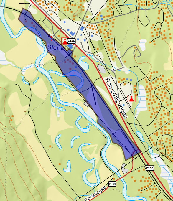 Oversikt over planområde nytt næringsareal sørøst for Bjorli stasjon