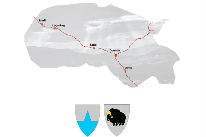 Bilde med kart over de to kommunene og kommunevåpenskjoldene - Klikk for stort bilde